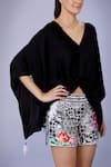 DILNAZ_Black Blended Satin Embellished Feather V Neck Border Draped Kaftan _Online_at_Aza_Fashions