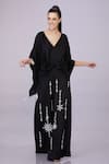 Buy_DILNAZ_Black Blended Satin Embellished Feather V Neck Border Draped Kaftan _Online_at_Aza_Fashions