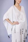 DILNAZ_Ivory Blended Satin Embellished Feather V Neck Bead Border Draped Kaftan _Online_at_Aza_Fashions