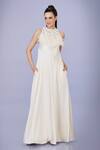 Buy_DILNAZ_Cream Pure Chamoise Embroidery Feather Round Diamond Neckline Gown _at_Aza_Fashions