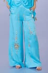 DILNAZ_Blue Blended Satin Linen Embroidery Sequin Stripe Trouser _at_Aza_Fashions