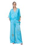 Buy_DILNAZ_Blue Blended Satin Linen Embroidery Sequin Stripe Trouser 