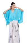 Shop_DILNAZ_Blue Blended Satin Embellished Feather V Neck Tassel Bordered Kaftan _Online_at_Aza_Fashions