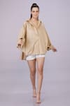 Buy_DILNAZ_Beige Blended Cotton Embellished Feather Collar Snowflake Shirt _at_Aza_Fashions