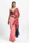 Shop_Satya Paul_Pink Silk Crepe Print European In Rose Saree With Running Blouse _Online_at_Aza_Fashions