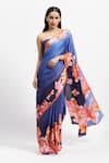 Buy_Satya Paul_Blue Silk Satin Print Watercolor Ocean Bounty Saree With Running Blouse _at_Aza_Fashions