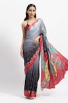 Shop_Satya Paul_Blue Silk Satin Print Rose Buds Night Embrace Saree With Running Blouse _Online_at_Aza_Fashions