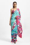 Buy_Satya Paul_Blue Crepe Stones Lost At Sea Lotus Print Saree With Running Blouse _at_Aza_Fashions