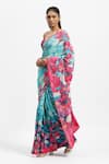 Satya Paul_Blue Crepe Stones Lost At Sea Lotus Print Saree With Running Blouse _Online_at_Aza_Fashions