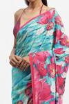 Shop_Satya Paul_Blue Crepe Stones Lost At Sea Lotus Print Saree With Running Blouse _Online_at_Aza_Fashions
