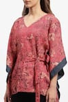 Satya Paul Red Linen V-neck Madder Floral Print Kaftan at Aza Fashions Satya Paul_Red Linen V-neck Madder Floral Print Kaftan _at_Aza_Fashions