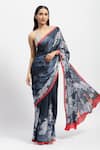 Buy_Satya Paul_Blue Silk Satin Print An Early Dinner Embellished Saree With Running Blouse _at_Aza_Fashions