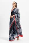 Satya Paul_Blue Silk Satin Print An Early Dinner Embellished Saree With Running Blouse _Online_at_Aza_Fashions