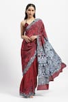 Buy_Satya Paul_Red Satin Print Floral Self Love Sashay Embellished Saree With Running Blouse _at_Aza_Fashions