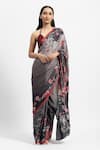 Buy_Satya Paul_Grey Silk Crepe Print Floral Nimbus Snow Embellished Saree With Running Blouse _at_Aza_Fashions