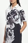 Satya Paul_White Linen Print Rose Bloom Collared Neck Negative Dress _at_Aza_Fashions