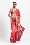 Buy_Satya Paul_Red Silk Crepe Embellished Floral Papa Dont Peach Saree With Running Blouse _at_Aza_Fashions