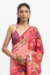 Satya Paul_Red Silk Crepe Embellished Floral Papa Dont Peach Saree With Running Blouse _Online_at_Aza_Fashions