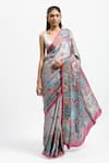 Buy_Satya Paul_Grey Silk Satin Embellished Geometric Fractal Bloom Saree With Running Blouse _at_Aza_Fashions