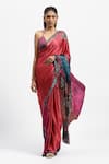 Buy_Satya Paul_Red Silk Satin Printed Dahlia Dreams Saree With Running Blouse Piece _at_Aza_Fashions