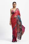 Shop_Satya Paul_Red Silk Satin Printed Dahlia Dreams Saree With Running Blouse Piece _Online_at_Aza_Fashions