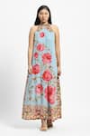 Buy_Satya Paul_Multi Color Crepe Printed European Rose Band Collar Best Buds Dress _at_Aza_Fashions