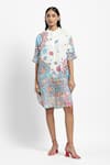 Buy_Satya Paul_White Linen Printed Geometric Mosaic Mandarin Collar Pinwheels And Peonies Tunic _at_Aza_Fashions