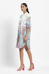 Satya Paul_White Linen Printed Geometric Mosaic Mandarin Collar Pinwheels And Peonies Tunic _Online_at_Aza_Fashions