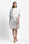 Shop_Satya Paul_White Linen Printed Geometric Mosaic Mandarin Collar Pinwheels And Peonies Tunic _Online_at_Aza_Fashions