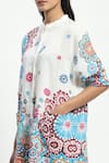 Satya Paul_White Linen Printed Geometric Mosaic Mandarin Collar Pinwheels And Peonies Tunic _at_Aza_Fashions