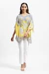 Buy_Satya Paul_Grey Silk Crepe Printed Floral V Neck Sunspot Kaftan _at_Aza_Fashions