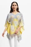 Satya Paul_Grey Silk Crepe Printed Floral V Neck Sunspot Kaftan _Online_at_Aza_Fashions