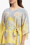 Satya Paul_Grey Silk Crepe Printed Floral V Neck Sunspot Kaftan _at_Aza_Fashions