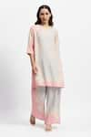 Buy_Satya Paul_Pink Linen Embellished Floral Lace Round Paradise Kurta And Flared Pant Set _at_Aza_Fashions