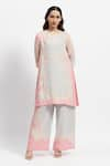 Satya Paul_Pink Linen Embellished Floral Lace Round Paradise Kurta And Flared Pant Set _Online_at_Aza_Fashions