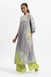 Satya Paul_Grey Silk Crepe Embellished Bandhani Round Grace Lace Kurta And Flared Pant Set _Online_at_Aza_Fashions