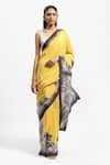 Buy_Satya Paul_Yellow Silk Satin Printed Floral Border Saree With Running Blouse _at_Aza_Fashions