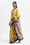 Satya Paul_Yellow Silk Satin Printed Floral Border Saree With Running Blouse _Online_at_Aza_Fashions