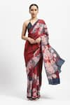 Buy_Satya Paul_Red Silk Crepe Printed Rose Stolen Dessert Saree With Running Blouse _at_Aza_Fashions