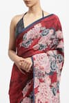 Shop_Satya Paul_Red Silk Crepe Printed Rose Stolen Dessert Saree With Running Blouse _Online_at_Aza_Fashions