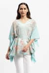 Satya Paul_Blue Silk Crepe Printed Floral Vine V Neck To Infinity And Beyond Kaftan _Online_at_Aza_Fashions