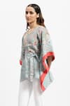 Buy_Satya Paul_Blue Linen Printed Flower Stripe V Neck Spring Offering Kaftan _Online_at_Aza_Fashions