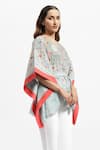 Shop_Satya Paul_Blue Linen Printed Flower Stripe V Neck Spring Offering Kaftan _Online_at_Aza_Fashions