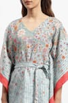 Satya Paul_Blue Linen Printed Flower Stripe V Neck Spring Offering Kaftan _at_Aza_Fashions