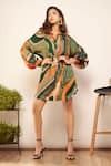 Buy_Babita Malkani_Green Silk Satin Collared Abstract Wave Print Dress _at_Aza_Fashions
