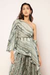 Babita Malkani_Green Silk One Shoulder Coiled Graphic Print Top With Sash _Online_at_Aza_Fashions