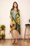 Buy_Babita Malkani_Green Satin Embroidery V-neck Wavelet Print Embellished Kaftan _at_Aza_Fashions