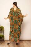 Shop_Babita Malkani_Green Organza Print Splash Dream V Neck Knotted Kaftan _at_Aza_Fashions