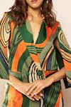 Babita Malkani_Green Satin Abstract Print Cape Sleeve Blazer _Online_at_Aza_Fashions