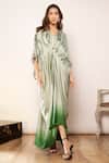 Buy_Babita Malkani_Green Satin V-neck Printed Kaftan Dress _at_Aza_Fashions